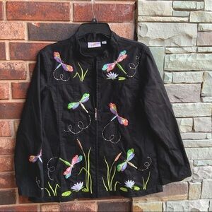 Quacker Factory Black Zip Dragonflies Jacket Lg